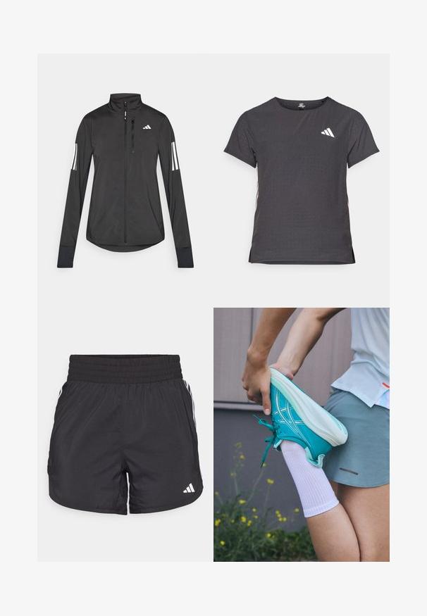 Veste de sport noire en matériau léger. Dotée d'une fermeture éclair sur le devant, d'un col haut et de trois rayures blanches sur chaque manche.; T-shirt de sport à manches courtes, gris foncé avec une texture perforée. Présente un logo blanc et des rayures latérales contrastantes. Encolure arrondie.; Shorts de sport noirs avec une taille élastique, des poches latérales et des accents de rayures blanches sur les côtés. Fabriqués en matériau léger.; Baskets de sport turquoise avec une surface texturée, lacets et semelle blancs. Une personne étirant la jambe porte une chaussette blanche et un short de sport gris.