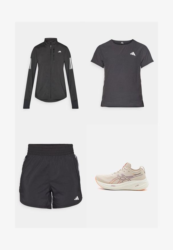 Veste de sport noire en matériau léger. Dotée d'une fermeture éclair sur le devant, d'un col haut et de trois rayures blanches sur chaque manche.; T-shirt de sport à manches courtes, gris foncé avec une texture perforée. Présente un logo blanc et des rayures latérales contrastantes. Encolure arrondie.; Shorts de sport noirs avec une taille élastique, des poches latérales et des accents de rayures blanches sur les côtés. Fabriqués en matériau léger.; ASICS GEL-NIMBUS 26 - Chaussures de running sur route - oatmeal/faded orange