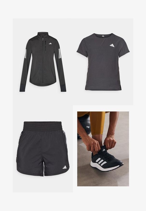 Črna športna jakna iz lahkega materiala. Ima sprednji zadrgo, visok ovratnik in tri bele črte na vsaki rokavi.; Kratka športna majica s kratkimi rokavi, temno siva z perforirano teksturo. Ima bel logotip in kontrastne stranske črte. Okrogel ovratnik.; Črne atletske kratke hlače z elastičnim pasom, stranskimi žepi in belimi črtami na straneh. Narejene iz lahkega materiala.; Črne športne čevlje z belimi črtami, teksturiranim zgornjim delom in gumijastim podplatom. Oseba prilagaja prevleko okoli gležnja, medtem ko sedi na sivi površini.