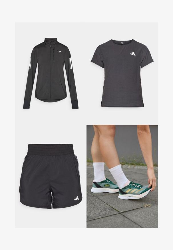Czarna sportowa kurtka wykonana z lekkiego materiału. Posiada zamek błyskawiczny z przodu, wysoki kołnierz oraz trzy białe paski na każdym rękawie.; Koszulka sportowa z krótkim rękawem, ciemnoszara z perforowaną teksturą. Posiada białe logo oraz kontrastowe paski po bokach. Okrągły dekolt.; Czarne spodenki sportowe z elastycznym paskiem w talii, bocznymi kieszeniami oraz białymi akcentami wzdłuż boków. Wykonane z lekkiego materiału.; adidas Performance ADIZERO BOSTON 12 zielony
