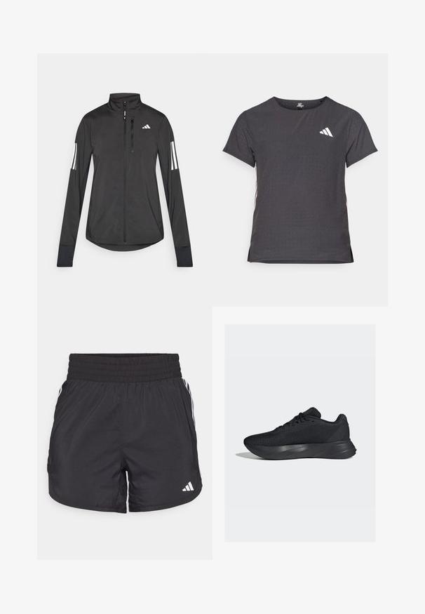 Black athletic jacket made of lightweight material. Features a front zipper, high collar, and three white stripes on each sleeve.; Short-sleeve athletic t-shirt, dark gray with perforated texture. Features a white logo and contrasting side stripes. Rounded neckline.; Black athletic shorts with an elastic waistband, side pockets, and white stripe accents on the sides. Made of lightweight material.; Black athletic shoes with a mesh upper, textured surface, and a molded midsole for support. Features traditional lacing and a cushioned heel.