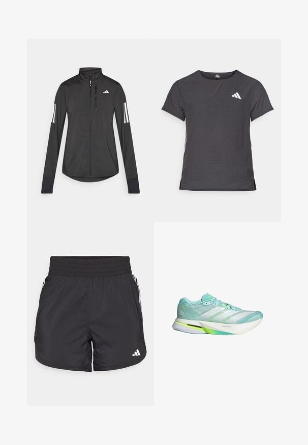 Musta urheilutakki, joka on valmistettu kevyestä materiaalista. Ominaisuuksiin kuuluu etuvetoketju, korkea kaulus ja kolme valkoista raitaa joka hihassa.; Lyhythihainen urheilupaita, tummanharmaa, jossa on reikäkudot. Ominaisuuksina valkoinen logo ja kontrastiväriset sivusuunnat. Pyöreä pääntie.; Mustat urheilushortsit, joissa on joustava vyötärö, sivutaskut ja valkoiset raidat sivuilla. Valmistettu kevyestä materiaalista.; Kevyt juoksukenkä menta vihreänä ja valkoisena, jossa verkkopinta ja joustava pohja. Varustettu kolmella raidalla ja teksturoidulla kantapääosuudella.