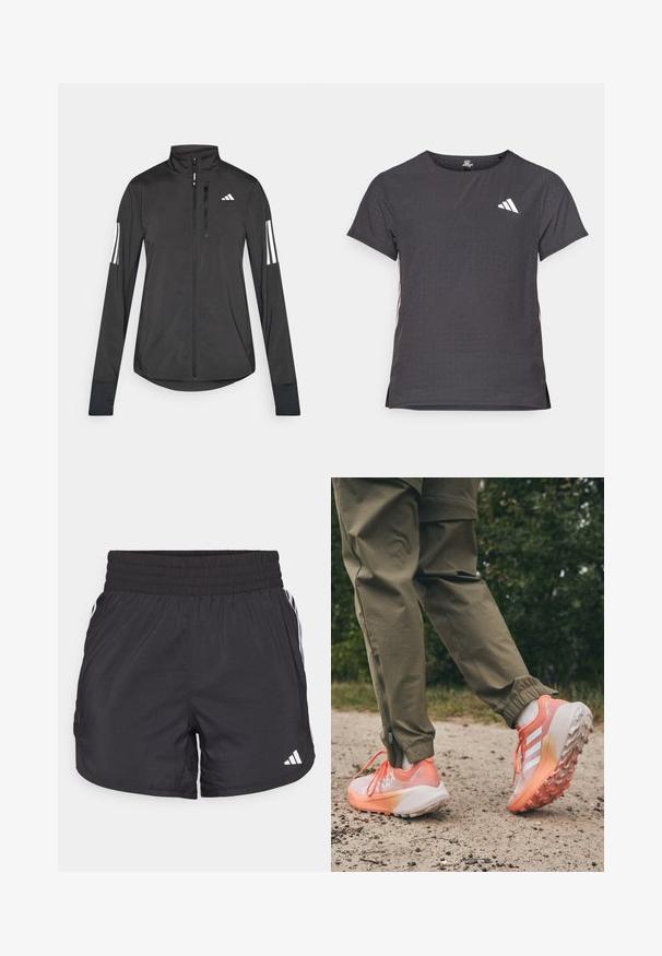 Black athletic jacket made of lightweight material. Features a front zipper, high collar, and three white stripes on each sleeve.; Short-sleeve athletic t-shirt, dark gray with perforated texture. Features a white logo and contrasting side stripes. Rounded neckline.; Black athletic shorts with an elastic waistband, side pockets, and white stripe accents on the sides. Made of lightweight material.; Sport shoes with a gradient design, primarily in pink and white, featuring textured soles and contrasting laces, worn with olive green pants.