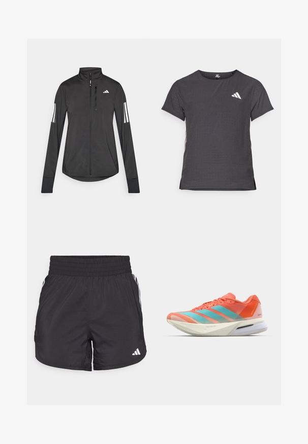 Črna športna jakna iz lahkega materiala. Ima sprednji zadrgo, visok ovratnik in tri bele črte na vsaki rokavi.; Kratka športna majica s kratkimi rokavi, temno siva z perforirano teksturo. Ima bel logotip in kontrastne stranske črte. Okrogel ovratnik.; Črne atletske kratke hlače z elastičnim pasom, stranskimi žepi in belimi črtami na straneh. Narejene iz lahkega materiala.; Tenisice za trčanje s prozračnom mrežicom u koraljno crvenoj i akvamarinskoj boji, s tri pruge, udobnim đonom i elegantnim dizajnom.
