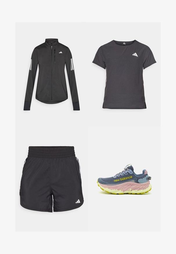 Jachetă sport neagră din material ușor. Are un fermoar frontal, guler înalt și trei dungi albe pe fiecare manșon.; Tricou athletic cu mânecă scurtă, gri închis, cu textură perforată. Prezentă un logo alb și dungi contrastante pe laterale. Guler rotunjit.; Șorturi atletice negre, cu talie elastică, buzunare laterale și accente albe pe laterale. Fabricate dintr-un material ușor.; New Balance FRESH FOAM X MORE V3 - Pantofi alergare trail - arctic grey