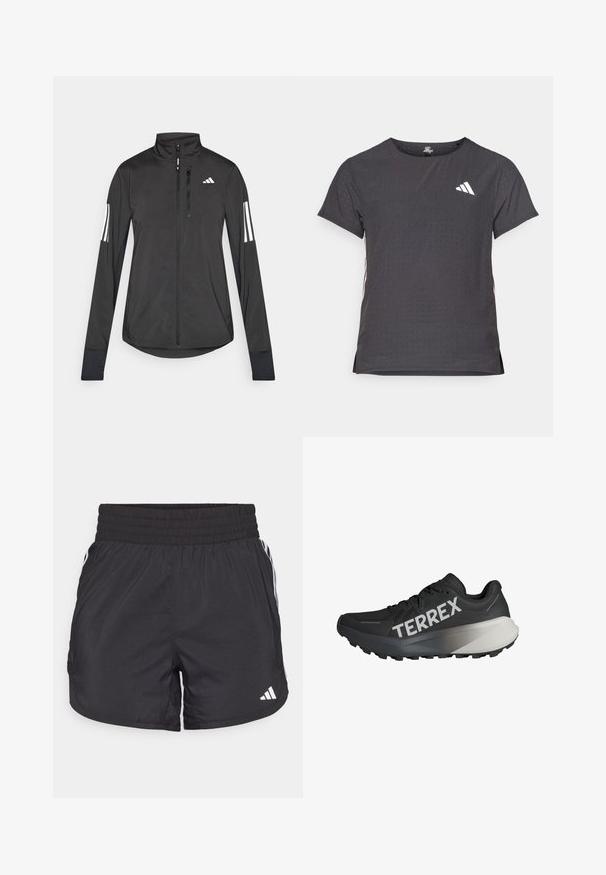 Črna športna jakna iz lahkega materiala. Ima sprednji zadrgo, visok ovratnik in tri bele črte na vsaki rokavi.; Kratka športna majica s kratkimi rokavi, temno siva z perforirano teksturo. Ima bel logotip in kontrastne stranske črte. Okrogel ovratnik.; Črne atletske kratke hlače z elastičnim pasom, stranskimi žepi in belimi črtami na straneh. Narejene iz lahkega materiala.; Črne športne čevlje za tek z strukturo zgornjega dela, vidnim logotipom "TERREX" v beli barvi, obliko podplata v ožjem stilu in gradijentnim sivo-odtenkom na peti.