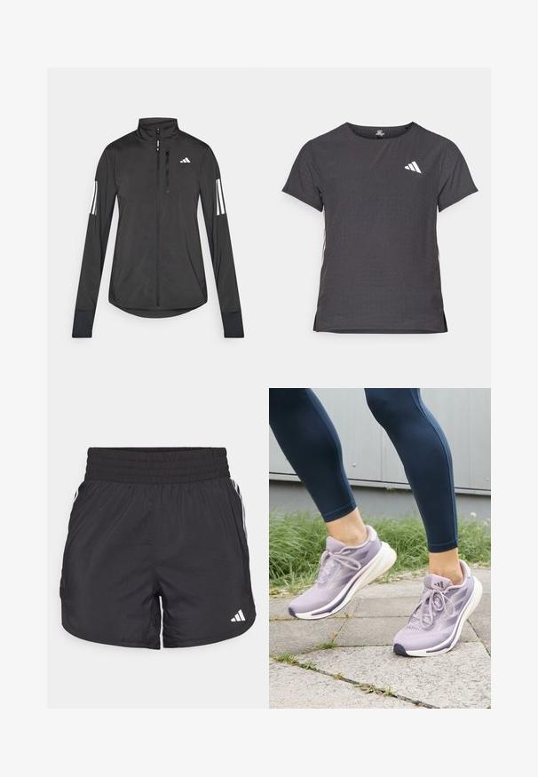 Zwarte sportjack gemaakt van lichtgewicht materiaal. Voorzien van een ritssluiting aan de voorkant, hoge kraag en drie witte strepen op elke mouw.; Korte mouwen sport t-shirt, donkergrijs met geperforeerde textuur. Bevat een wit logo en contrasterende zijstrepen. Ronde halslijn.; Zwarte sportieve shorts met een elastische tailleband, zijzakken en witte streepaccenten aan de zijkanten. Gemaakt van lichtgewicht materiaal.; adidas Performance SUPERNOVA RISE W - Hardloopschoenen voor op de weg - preloved fig/putty mauve/shadow violet