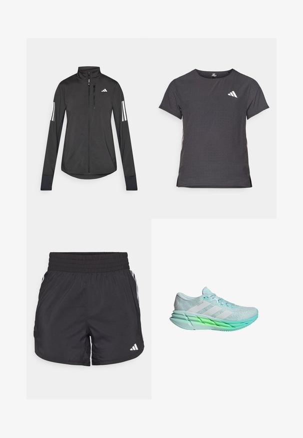 Sort atletisk jakke lavet af let materiale. Har en frontlynlås, høj krave og tre hvide striber på hver ærme.; Kortærmet atletisk t-shirt, mørkegrå med perforeret tekstur. Har et hvidt logo og kontrastfarvede sidelister. Rundet halsudskæring.; Sorte atletiske shorts med elastisk talje, sidelommer og hvid stribeaccent på siderne. Fremstillet af letvægtsmateriale.; Lysblå løbesko med en tekstureret mesh-overdel, tre hvide striber og en grønt-tonet sål. Har en polstret krave og flade snørebånd.