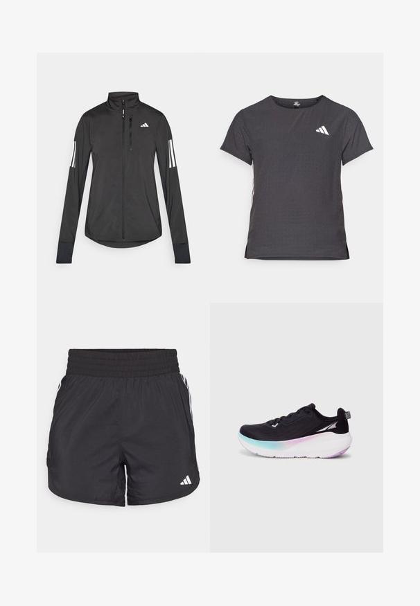 Veste de sport noire en matériau léger. Dotée d'une fermeture éclair sur le devant, d'un col haut et de trois rayures blanches sur chaque manche.; T-shirt de sport à manches courtes, gris foncé avec une texture perforée. Présente un logo blanc et des rayures latérales contrastantes. Encolure arrondie.; Shorts de sport noirs avec une taille élastique, des poches latérales et des accents de rayures blanches sur les côtés. Fabriqués en matériau léger.; Chaussure de running noire avec une tige en mesh léger, semelle dégradée passant du bleu clair au violet, et accents réfléchissants.