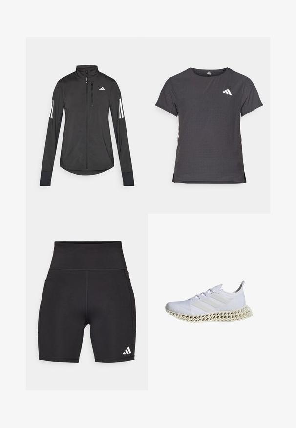 Black athletic jacket made of lightweight material. Features a front zipper, high collar, and three white stripes on each sleeve.; Short-sleeve athletic t-shirt, dark gray with perforated texture. Features a white logo and contrasting side stripes. Rounded neckline.; Black athletic shorts made of stretchy fabric. High waistband, mid-thigh length, with white three-stripe logo on the lower left side.; White athletic shoe with a textured, breathable mesh upper, featuring three white stripes and a distinctive lattice-style midsole.