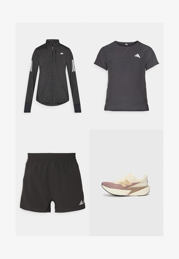 Veste de sport noire en matériau léger. Dotée d'une fermeture éclair sur le devant, d'un col haut et de trois rayures blanches sur chaque manche.; T-shirt de sport à manches courtes, gris foncé avec une texture perforée. Présente un logo blanc et des rayures latérales contrastantes. Encolure arrondie.; Shorts de sport noirs en tissu léger. Dotés d'une taille élastique, d'une poche zippée sur le côté et d'un logo réfléchissant sur l'ourlet.; Chaussure de course avec un dessus crème, des accents roses et des détails gris. Présente une semelle épaisse avec une surface texturée et un logo proéminent.