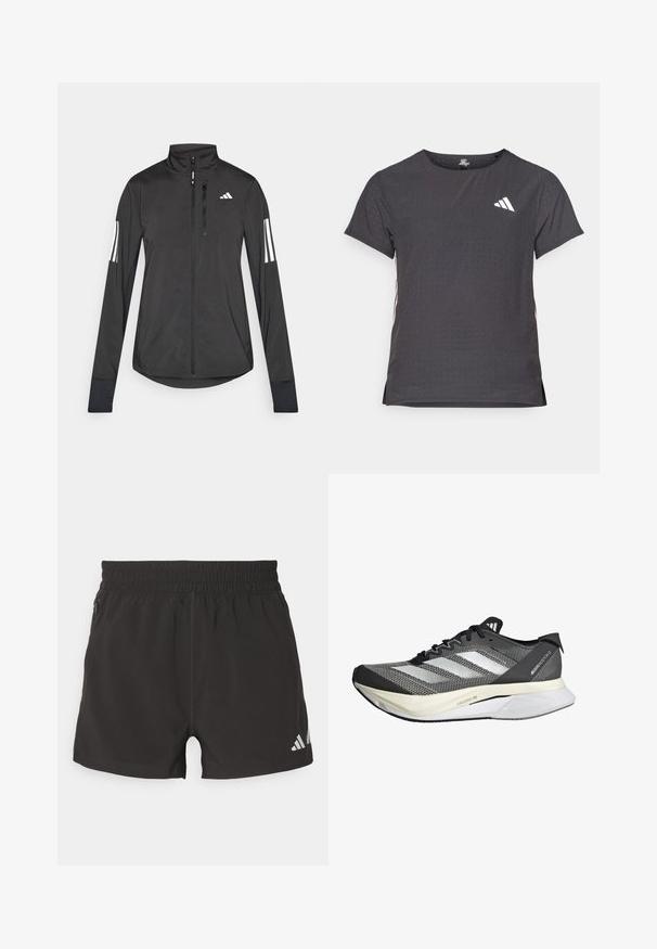 Giacchetto sportivo nero realizzato in materiale leggero. Presenta una chiusura frontale con zip, colletto alto e tre strisce bianche su ciascun manica.; T-shirt atletico a maniche corte, grigio scuro con texture perforata. Presenta un logo bianco e strisce laterali a contrasto. Girocollo.; Shorts atletici neri realizzati in tessuto leggero. Presentano una vita elasticizzata, una tasca con zip laterale e un logo riflettente sull'orlo.; Scarpa da corsa in bianco e nero con tomaia in maglia, tre strisce laterali, suola leggera e dettagli testurizzati sulla rete.