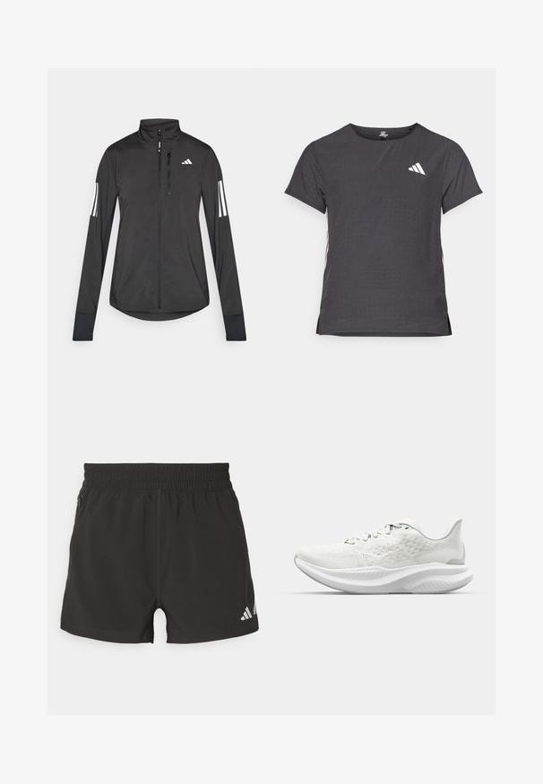 Musta urheilutakki, joka on valmistettu kevyestä materiaalista. Ominaisuuksiin kuuluu etuvetoketju, korkea kaulus ja kolme valkoista raitaa joka hihassa.; Lyhythihainen urheilupaita, tummanharmaa, jossa on reikäkudot. Ominaisuuksina valkoinen logo ja kontrastiväriset sivusuunnat. Pyöreä pääntie.; Mustat urheilushortsit, jotka on valmistettu kevyestä materiaalista. Niissä on joustava vyötärönauha, sivutasku vetoketjulla ja heijastava logo hemmassa.; Valkoiset urheilukengät, joissa on tekstuuripinta, nauhakiristys ja pehmustettu pohja, jonka muotoilu on aaltoileva. Huomaamaton brändäys sivulla.