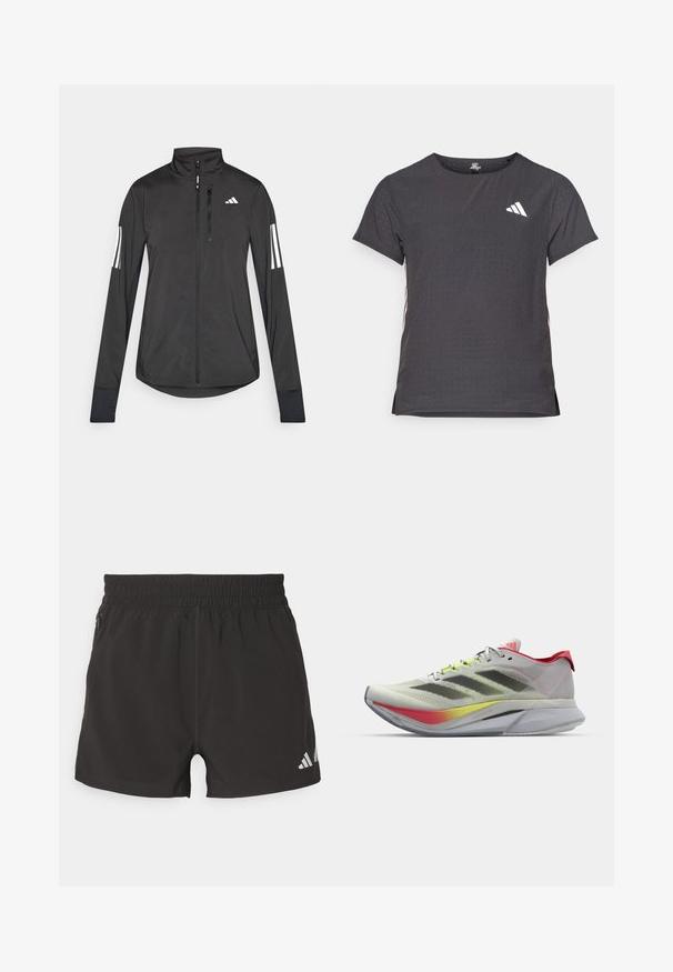 Črna športna jakna iz lahkega materiala. Ima sprednji zadrgo, visok ovratnik in tri bele črte na vsaki rokavi.; Kratka športna majica s kratkimi rokavi, temno siva z perforirano teksturo. Ima bel logotip in kontrastne stranske črte. Okrogel ovratnik.; Črne atletske kratke hlače iz lahkega materiala. Imajo elastičen pas, stranski žep na zadrgo in odsevni logotip na konici.; Lahki tekaški čevlji v svetlo sivi barvi z rdečim poudarkom; vsebujejo zračen mrežast zgornji del, črne črte in barvit gradientni podplat.