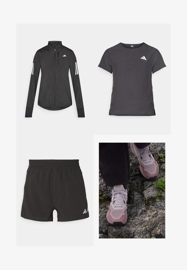 Črna športna jakna iz lahkega materiala. Ima sprednji zadrgo, visok ovratnik in tri bele črte na vsaki rokavi.; Kratka športna majica s kratkimi rokavi, temno siva z perforirano teksturo. Ima bel logotip in kontrastne stranske črte. Okrogel ovratnik.; Črne atletske kratke hlače iz lahkega materiala. Imajo elastičen pas, stranski žep na zadrgo in odsevni logotip na konici.; Svjetlosivi atletsku tenisice s teksturiranim mrežastim gornjištem, ojačanim prstom i gumiranim potplatom, postavljene na stjenovito terenu s zelenim naglascima.