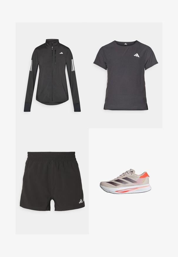Veste de sport noire en matériau léger. Dotée d'une fermeture éclair sur le devant, d'un col haut et de trois rayures blanches sur chaque manche.; T-shirt de sport à manches courtes, gris foncé avec une texture perforée. Présente un logo blanc et des rayures latérales contrastantes. Encolure arrondie.; Shorts de sport noirs en tissu léger. Dotés d'une taille élastique, d'une poche zippée sur le côté et d'un logo réfléchissant sur l'ourlet.; Chaussure de course Adidas beige et corail avec des bandes noires, une semelle blanche, et le texte "ADIZERO SL" sur le côté du talon.