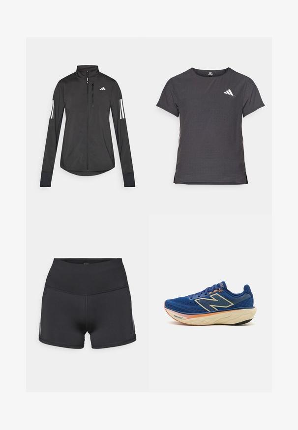 Melnā sporta jaka, izgatavota no viegla materiāla. Tajā ir priekšējais rāvējslēdzis, augsta apkakle un trīs baltas svītras katrā piedurknē.; Īsām piedurkņu sporta T-krekls, tumši pelēks ar perforētu tekstūru. Iespējots ar baltu logotipu un kontrastējošām sānu svītrām. Apaļa kakla izgriezums.; Melnas sporta šorti ar augstu jostu, izgatavoti no elastīga auduma. Aprīkoti ar baltām sānu svītrām un plakanām šuvēm ērtībai.; Zilas skriešanas apavi ar elpojošu sietu augšdaļu, mīkstinātu apkakli un polsterētu zoli ar oranžu akcentu. Redzama "Fresh Foam" emblēma.