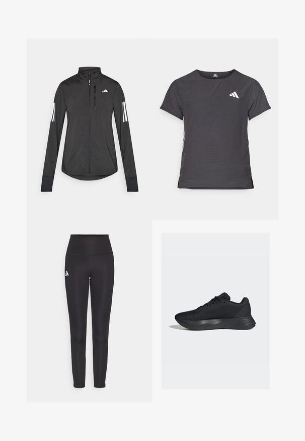 Musta urheilutakki, joka on valmistettu kevyestä materiaalista. Ominaisuuksiin kuuluu etuvetoketju, korkea kaulus ja kolme valkoista raitaa joka hihassa.; Lyhythihainen urheilupaita, tummanharmaa, jossa on reikäkudot. Ominaisuuksina valkoinen logo ja kontrastiväriset sivusuunnat. Pyöreä pääntie.; Musta korkeavyötäröinen legginssit joustavasta kankaasta. Vasemmalla puolella valkoinen logo ja tyylikäs, saumaton muotoilu. Silkkinen pinta.; Mustat urheilukengät, joissa on verkkopinnoite, teksturoitu pinta ja muotoiltu välikenkä tukea varten. Varustettu perinteisellä nauhoituksella ja pehmustetulla kantapäällä.