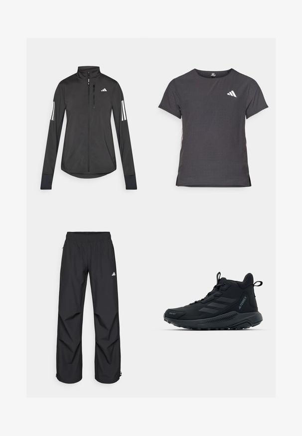 Jachetă sport neagră din material ușor. Are un fermoar frontal, guler înalt și trei dungi albe pe fiecare manșon.; Tricou athletic cu mânecă scurtă, gri închis, cu textură perforată. Prezentă un logo alb și dungi contrastante pe laterale. Guler rotunjit.; Pantaloni negri, ușori, impermeabili, cu un brâu elastic, buzunare laterale și mansete ajustabile. Prezintă un logo alb pe coapsa stângă.; Pantofii de drumeție negri, cu o parte superioară texturată, vârf întărit și talpă din cauciuc. Prezintă un design cu trei dungi și o guler de gleznă căptușit pentru suport.