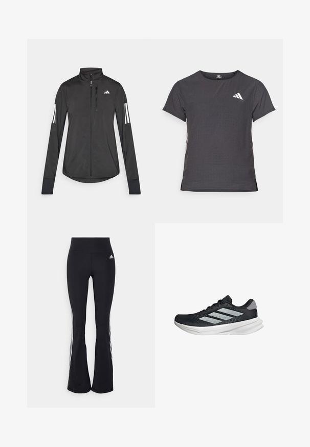 Schwarze Sportjacke aus leichtem Material. Mit einem Frontreißverschluss, hohem Kragen und drei weißen Streifen an jedem Ärmel.; Kurze Ärmel Sport-T-Shirt, dunkelgrau mit durchbrochener Textur. Enthält ein weißes Logo und kontrastierende Seitenstreifen. Runder Ausschnitt.; adidas Performance FLARED - Jogginghose - black; Schwarzer Laufschuh mit Mesh-Obermaterial, drei silbernen Streifen, weißer Zwischensohle und strukturiertem Außensohle. Verfügt über einen gepolsterten Schaft und eine Schnürung.