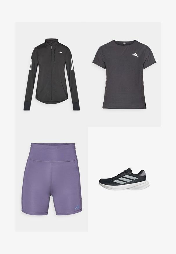 Giacchetto sportivo nero realizzato in materiale leggero. Presenta una chiusura frontale con zip, colletto alto e tre strisce bianche su ciascun manica.; T-shirt atletico a maniche corte, grigio scuro con texture perforata. Presenta un logo bianco e strisce laterali a contrasto. Girocollo.; Pantaloni sportivi viola con vita alta, texture liscia e logo blu a contrasto in basso a sinistra. Presentano cuciture piatte.; Scarpa da corsa nera con tomaia in mesh, tre strisce argentate, intersuola bianca e suola testurizzata. Presenta un colletto imbottito e chiusura con lacci.