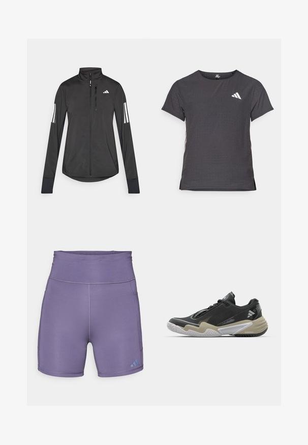 Giacchetto sportivo nero realizzato in materiale leggero. Presenta una chiusura frontale con zip, colletto alto e tre strisce bianche su ciascun manica.; T-shirt atletico a maniche corte, grigio scuro con texture perforata. Presenta un logo bianco e strisce laterali a contrasto. Girocollo.; Pantaloni sportivi viola con vita alta, texture liscia e logo blu a contrasto in basso a sinistra. Presentano cuciture piatte.; Scarpa sportiva nera e beige con tomaia texturizzata, design della suola prominente, dettagli riflettenti e sistema di lacing. Costruzione leggera.