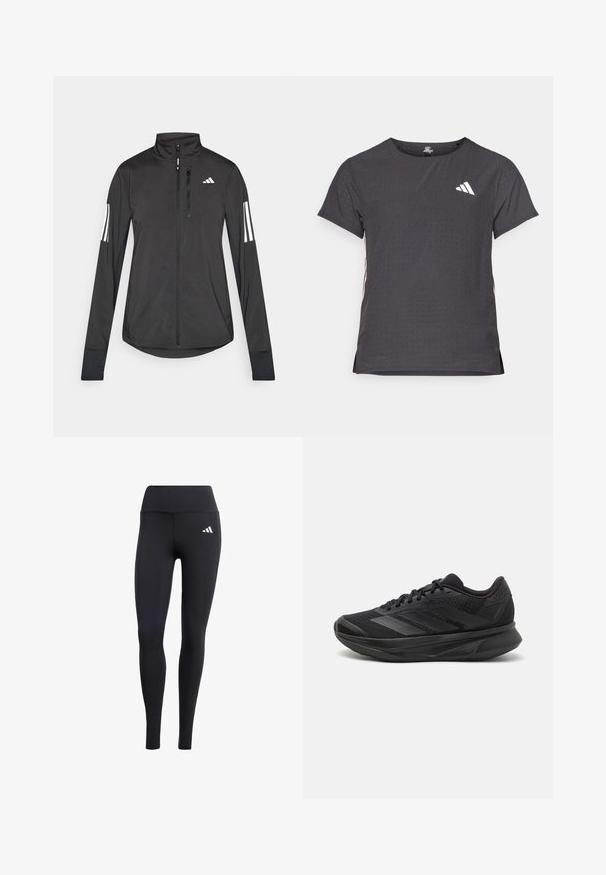 Giacchetto sportivo nero realizzato in materiale leggero. Presenta una chiusura frontale con zip, colletto alto e tre strisce bianche su ciascun manica.; T-shirt atletico a maniche corte, grigio scuro con texture perforata. Presenta un logo bianco e strisce laterali a contrasto. Girocollo.; Leggings neri realizzati in materiale elastico, con una vita alta e un piccolo logo bianco, caratterizzati da una finitura liscia e opaca.; Scarpa da corsa nera con tomaia in rete traspirante, punta rotonda, design elegante, dettagli testurizzati e suola ammortizzata per il comfort.