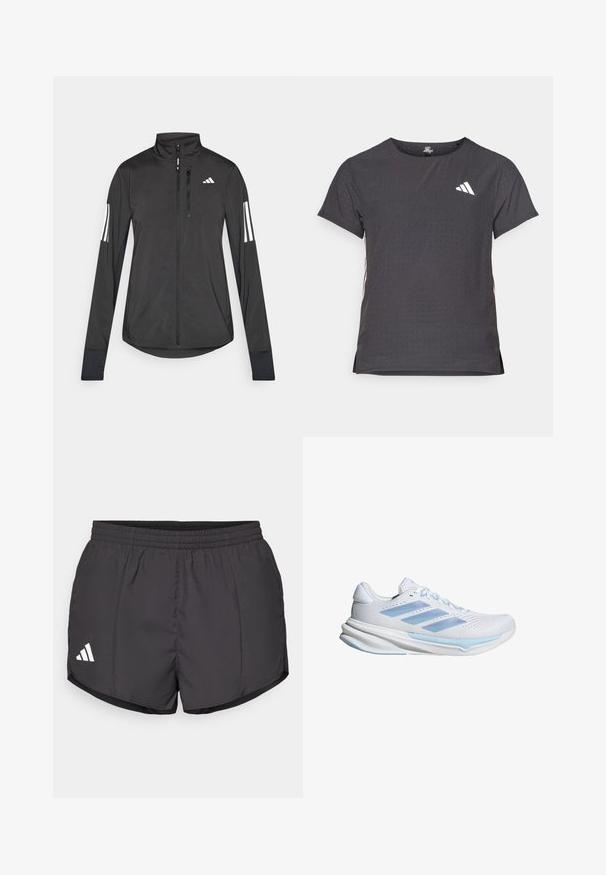 Crni sportski jakna napravljena od laganog materijala. Ima prednji zatvarač, visoki ovratnik i tri bijele pruge na svakoj rukavu.; Majica kratkih rukava za sport, tamno siva s perforiranim uzorkom. Ima bijeli logo i kontrastne bočne pruge. Zaobljeni izrez.; Crne atletske kratke hlače od laganog materijala, s elastičnim pojasom i bijelim Adidas logotipom na donjoj lijevoj strani.; Bijele trkačke tenisice s laganim plavim akcentima, prozračna mrežasta gornja strana, dizajn s tri pruge, podstava za ublažavanje i teksturirana podloga za prianjanje.