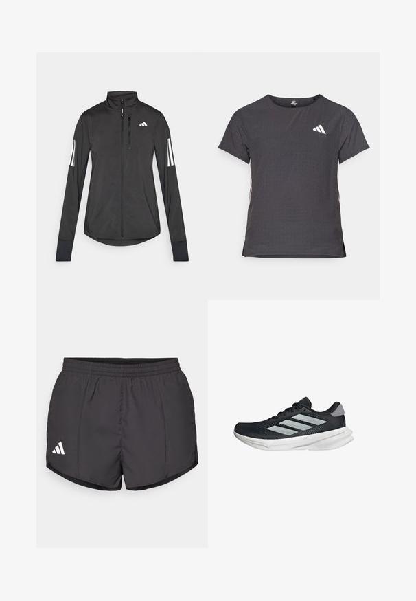 Svart idrottsjacka i lätt material. Har en framzipper, hög krage och tre vita ränder på varje ärm.; Kortärmad atletisk t-shirt, mörkgrå med perforerad textur. Har en vit logotyp och kontrasterande sidostripes. Rundad halsringning.; Svarta idrottsshorts i lätt material, med elastisk midja och en vit Adidas-logotyp på nedre vänstra sidan.; Svart löparskor med meshtopp, tre silverränder, vit mellansula och strukturerad sula. Har vadderad krage och snörning.
