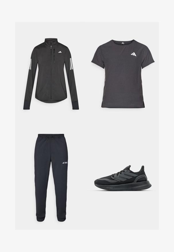 Juodas sportinis švarkas, pagamintas iš lengvos medžiagos. Yra priekinis užtrauktukas, aukšta apykaklė ir trys baltos juostos kiekviename rankovėje.; Trumpas rankovėmis sportinis marškinėlis, tamsiai pilkas, su perforuota tekstūra. Yra baltas logotipas ir kontrastingos šoninės juostos. Iškirptė suapvalinta.; Juodos sportinės kelnės, pagamintos iš lygaus audinio, su elastine juosmena, siaurėjančiomis kojomis ir mažuoju baltu logotipu ant kairio šlaunies.; Juodos sportinės bateliai su tinklu, tekstūruotomis detalėmis, trimis juostelėmis ir išlenktu padu, pažymėtu "LIGHT BOOST".