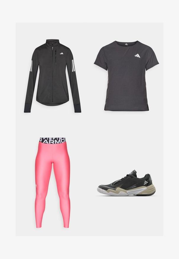 Jaqueta atlética preta feita de material leve. Apresenta um fecho frontal, colarinho alto e três riscas brancas em cada manga.; T-shirt atlético de mangas curtas, cinza escuro com textura perfurada. Apresenta um logo branco e riscas laterais contrastantes. Decote arredondado.; Under Armour HEATGEAR - Leggings - super pink/white; Sapatilha desportiva preta e bege com parte superior texturizada, design de sola proeminente, acabamentos refletivos e sistema de atacadores. Construção leve.