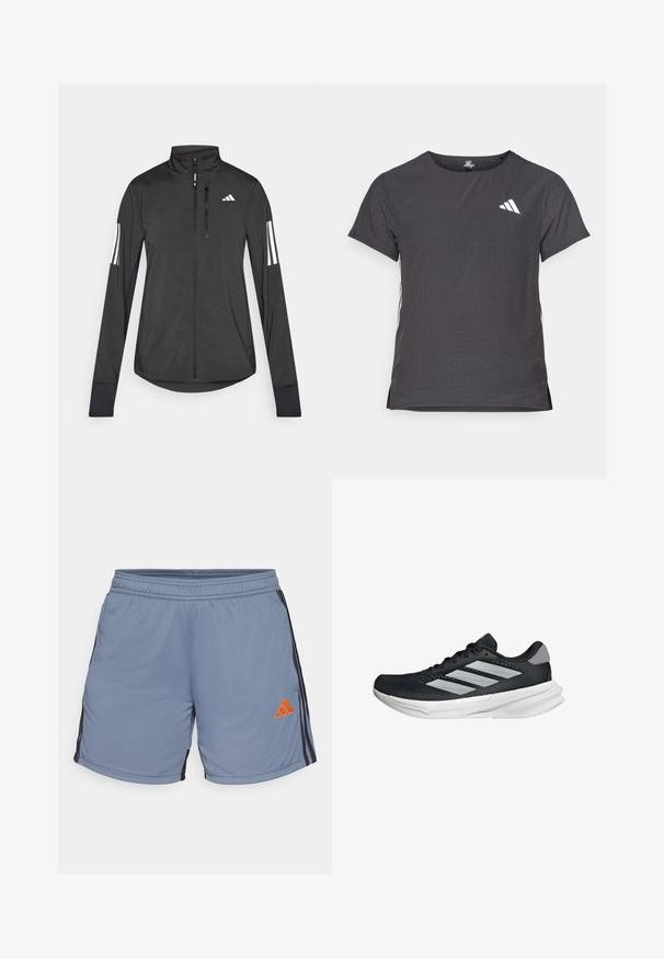 Schwarze Sportjacke aus leichtem Material. Mit einem Frontreißverschluss, hohem Kragen und drei weißen Streifen an jedem Ärmel.; Kurze Ärmel Sport-T-Shirt, dunkelgrau mit durchbrochener Textur. Enthält ein weißes Logo und kontrastierende Seitenstreifen. Runder Ausschnitt.; Helle blaue Sportshorts mit einem elastischen Bund, schwarzen Seitstreifen und einem orangefarbenen adidas-Logo auf der linken unteren Seite.; Schwarzer Laufschuh mit Mesh-Obermaterial, drei silbernen Streifen, weißer Zwischensohle und strukturiertem Außensohle. Verfügt über einen gepolsterten Schaft und eine Schnürung.