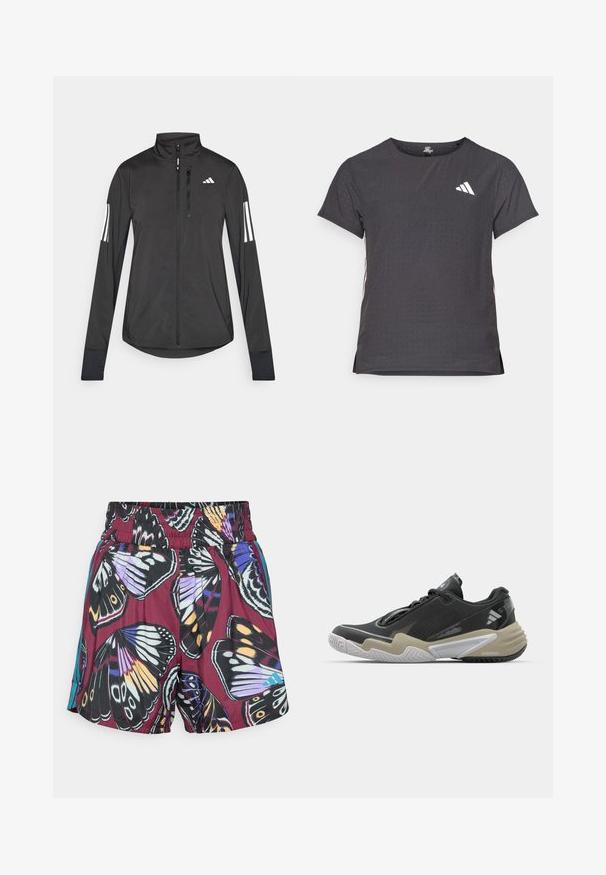 Černá atletická bunda vyrobená z lehkého materiálu. Má přední zip, vysoký límec a tři bílé pruhy na každém rukávu.; Kraťasový sportovní tričko, tmavě šedé barvy s perforovanou texturou. Obsahuje bílé logo a kontrastní boční pruhy. Kulatý výstřih.; Šortky s živým potiskem motýlů v odstínech fialové, černé a oranžové. Elastický pas s jemnými bočními akcenty v tyrkysové barvě.; Černá a béžová sportovní obuv s texturovaným svrškem, výrazným designem podešve, reflexními prvky a šněrovacím systémem. Lehká konstrukce.