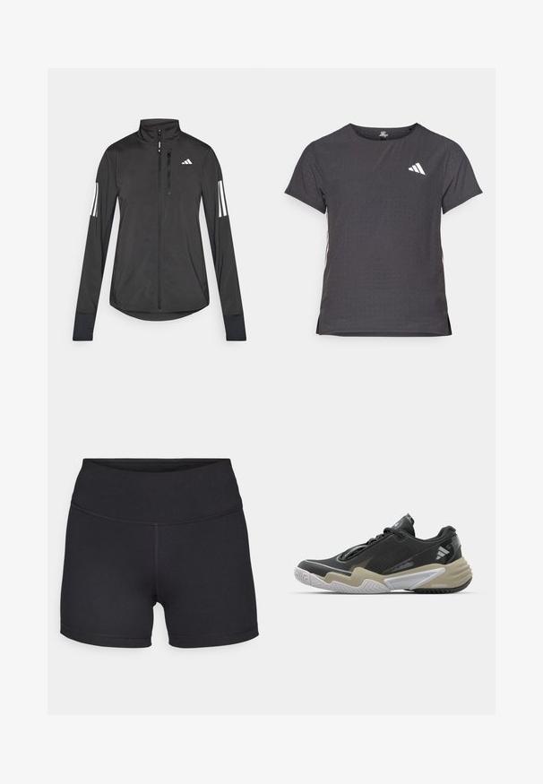 Black athletic jacket made of lightweight material. Features a front zipper, high collar, and three white stripes on each sleeve.; Short-sleeve athletic t-shirt, dark gray with perforated texture. Features a white logo and contrasting side stripes. Rounded neckline.; Champion TRAINING SOFT TOUCH BIKER SHORTS - Leggings - black; Black and beige athletic shoe with textured upper, prominent sole design, reflective accents, and lacing system. Lightweight construction.