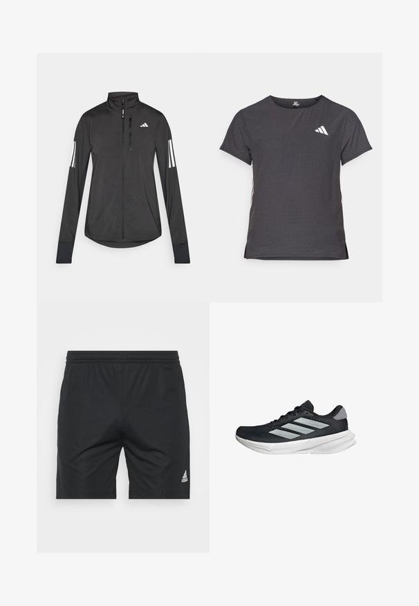 Černá atletická bunda vyrobená z lehkého materiálu. Má přední zip, vysoký límec a tři bílé pruhy na každém rukávu.; Kraťasový sportovní tričko, tmavě šedé barvy s perforovanou texturou. Obsahuje bílé logo a kontrastní boční pruhy. Kulatý výstřih.; Černé sportovní šortky vyrobené z hladkého materiálu, s elastickým pasem, rovného střihu a stříbrným logem Adidas na dolní pravé straně.; Černé běžecké boty s vrchní částí z prodyšné síťoviny, třemi stříbrnými pruhy, bílou mezipodešví a texturovanou podešví. Obsahují polstrovaný límec a šněrování.