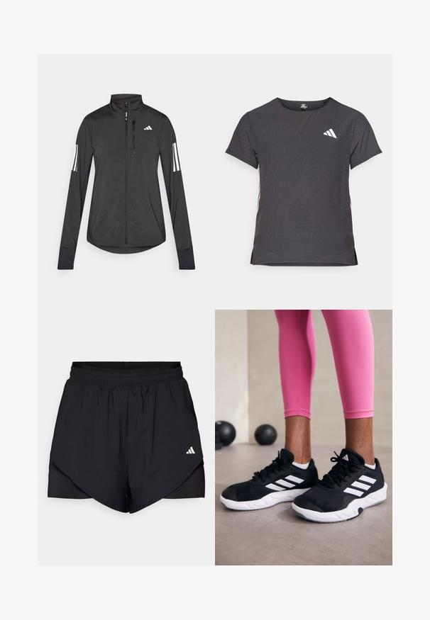 Veste de sport noire en matériau léger. Dotée d'une fermeture éclair sur le devant, d'un col haut et de trois rayures blanches sur chaque manche.; T-shirt de sport à manches courtes, gris foncé avec une texture perforée. Présente un logo blanc et des rayures latérales contrastantes. Encolure arrondie.; Shorts de sport noirs avec un design superposé, fabriqués en tissu léger. Possèdent une taille élastique et un petit logo blanc sur le côté.; Baskets de sport noires avec des rayures blanches, tige en mesh texturé et semelle blanche. Portées avec des leggings roses, mettant en valeur des vêtements d'entraînement.