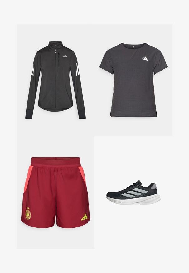 Chaqueta deportiva negra hecha de material ligero. Cuenta con una cremallera frontal, un cuello alto y tres franjas blancas en cada manga.; Camiseta atlética de manga corta, gris oscuro con textura perforada. Presenta un logo blanco y rayas laterales en contraste. Escote redondeado.; Pantalones cortos deportivos color marrón con paneles laterales de malla rosa, cintura elástica y logo de Adidas en amarillo. Presenta tres estrellas y un emblema redondo.; Zapatilla de correr negra con parte superior de malla, tres franjas plateadas, media suela blanca y suela texturizada. Incluye un cuello acolchado y cierre de cordones.