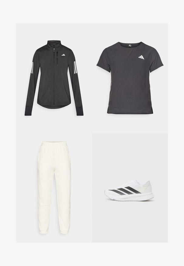 Zwarte sportjack gemaakt van lichtgewicht materiaal. Voorzien van een ritssluiting aan de voorkant, hoge kraag en drie witte strepen op elke mouw.; Korte mouwen sport t-shirt, donkergrijs met geperforeerde textuur. Bevat een wit logo en contrasterende zijstrepen. Ronde halslijn.; Crème joggers gemaakt van zachte stof, met een elastische tailleband, zijzakken en elastische boorden bij de enkels voor een tapered fit.; Witte sportschoen met zwarte diagonale strepen, bovenwerk van gaas, ronde neus en gestructureerde zool. Accenten zijn onder andere een zilveren hak en een minimalistisch ontwerp.