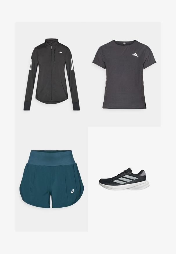 Černá atletická bunda vyrobená z lehkého materiálu. Má přední zip, vysoký límec a tři bílé pruhy na každém rukávu.; Kraťasový sportovní tričko, tmavě šedé barvy s perforovanou texturou. Obsahuje bílé logo a kontrastní boční pruhy. Kulatý výstřih.; ASICS ROAD SHORT - Sportovní kraťasy - saxon green; Černé běžecké boty s vrchní částí z prodyšné síťoviny, třemi stříbrnými pruhy, bílou mezipodešví a texturovanou podešví. Obsahují polstrovaný límec a šněrování.