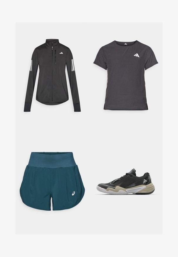 Jaqueta atlética preta feita de material leve. Apresenta um fecho frontal, colarinho alto e três riscas brancas em cada manga.; T-shirt atlético de mangas curtas, cinza escuro com textura perfurada. Apresenta um logo branco e riscas laterais contrastantes. Decote arredondado.; ASICS ROAD SHORT - Calções desportivos - saxon green; Sapatilha desportiva preta e bege com parte superior texturizada, design de sola proeminente, acabamentos refletivos e sistema de atacadores. Construção leve.