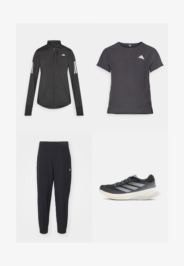 Black athletic jacket made of lightweight material. Features a front zipper, high collar, and three white stripes on each sleeve.; Short-sleeve athletic t-shirt, dark gray with perforated texture. Features a white logo and contrasting side stripes. Rounded neckline.; Black athletic pants made from a smooth fabric. Tapered design with elastic cuffs. Features a small white logo on the left hip.; adidas Performance SUPERNOVA SOLUTION - Road running shoes - core black/halo silver/dash grey