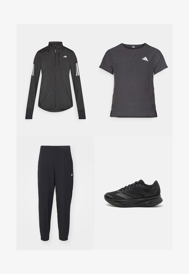 Černá atletická bunda vyrobená z lehkého materiálu. Má přední zip, vysoký límec a tři bílé pruhy na každém rukávu.; Kraťasový sportovní tričko, tmavě šedé barvy s perforovanou texturou. Obsahuje bílé logo a kontrastní boční pruhy. Kulatý výstřih.; Černé sportovní kalhoty vyrobené z hladkého materiálu. Zúžený střih s elastickými manžetami. Obsahují malé bílé logo na levém boku.; Černé běžecké boty s prodyšným síťovaným svrškem, kulatou špičkou, elegantním designem, texturovanými detaily a polstrovanou podrážkou pro pohodlí.