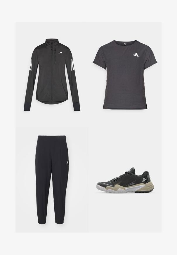 Black athletic jacket made of lightweight material. Features a front zipper, high collar, and three white stripes on each sleeve.; Short-sleeve athletic t-shirt, dark gray with perforated texture. Features a white logo and contrasting side stripes. Rounded neckline.; Black athletic pants made from a smooth fabric. Tapered design with elastic cuffs. Features a small white logo on the left hip.; Black and beige athletic shoe with textured upper, prominent sole design, reflective accents, and lacing system. Lightweight construction.