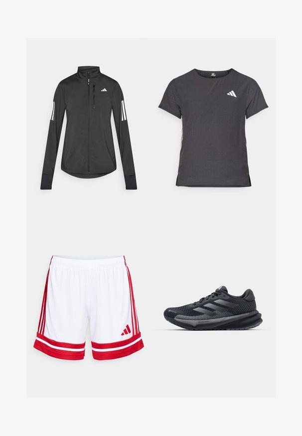 Giacchetto sportivo nero realizzato in materiale leggero. Presenta una chiusura frontale con zip, colletto alto e tre strisce bianche su ciascun manica.; T-shirt atletico a maniche corte, grigio scuro con texture perforata. Presenta un logo bianco e strisce laterali a contrasto. Girocollo.; Shorts sportivi bianchi con strisce e rifiniture rosse ai lati. Presentano una vita elasticizzata e il logo Adidas in rosso in basso a sinistra.; Scarpa da ginnastica nera con parte superiore in rete testurizzata, dettagli riflettenti, suola ammortizzata e design affusolato. Presenta il logo a tre strisce.
