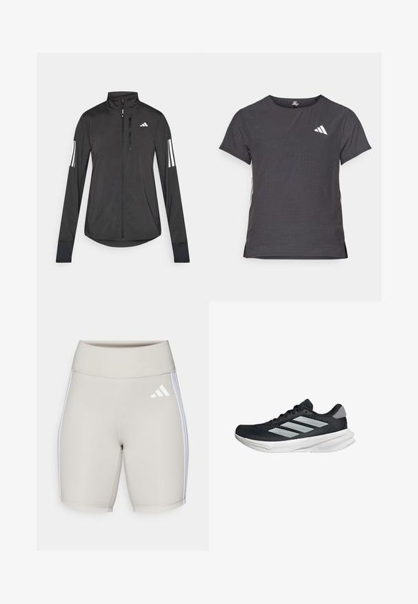 Chaqueta deportiva negra hecha de material ligero. Cuenta con una cremallera frontal, un cuello alto y tres franjas blancas en cada manga.; Camiseta atlética de manga corta, gris oscuro con textura perforada. Presenta un logo blanco y rayas laterales en contraste. Escote redondeado.; Pantalones cortos deportivos beige con una cintura alta, textura suave, tres franjas blancas a los lados y un pequeño logo blanco en la parte frontal.; Zapatilla de correr negra con parte superior de malla, tres franjas plateadas, media suela blanca y suela texturizada. Incluye un cuello acolchado y cierre de cordones.