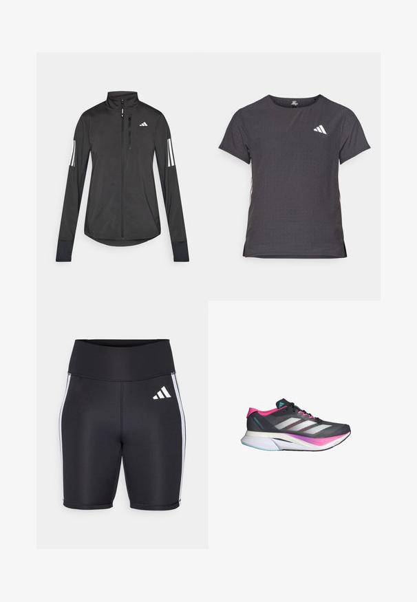 Čierna športová bunda vyrobená z ľahkého materiálu. Má zips vpredu, vysoký golier a tri biele pruhy na každom rukáve.; Tričko s krátkym rukávom pre šport, tmavosivé s perforovanou textúrou. Obsahuje biele logo a kontrastné bočné pruhy. Okrúhly výstrih.; Čierne športové šortky s vysokým pásom, bielymi bočnými pruhmi a malým bielym logom. Hladká tkanina s priliehavým strihom.; Bežecká obuv s sivou sieťovinou, ružovými akcentmi a bielymi pruhmi. Obsahuje polstrovanú podrážku a štíhly, aerodynamický dizajn.
