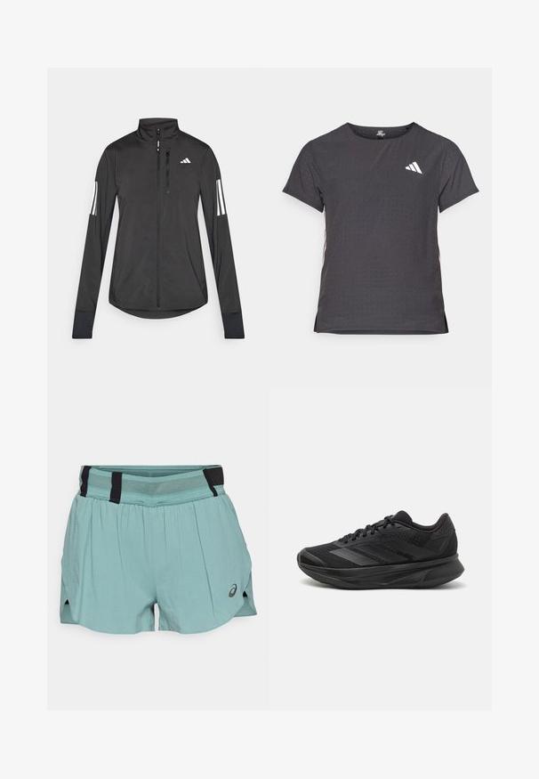 Zwarte sportjack gemaakt van lichtgewicht materiaal. Voorzien van een ritssluiting aan de voorkant, hoge kraag en drie witte strepen op elke mouw.; Korte mouwen sport t-shirt, donkergrijs met geperforeerde textuur. Bevat een wit logo en contrasterende zijstrepen. Ronde halslijn.; ASICS METARUN SPLIT SHORT - Korte broeken - celadon; Zwarte hardloopschoen met een ademende mesh bovenkant, ronde neus, slank ontwerp, textuuraccenten en een gevoerde zool voor comfort.