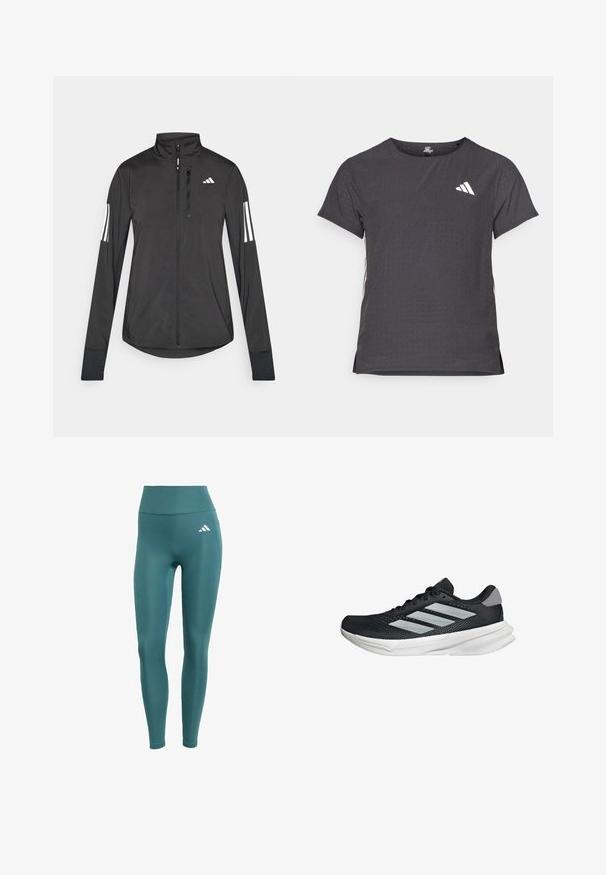 Giacchetto sportivo nero realizzato in materiale leggero. Presenta una chiusura frontale con zip, colletto alto e tre strisce bianche su ciascun manica.; T-shirt atletico a maniche corte, grigio scuro con texture perforata. Presenta un logo bianco e strisce laterali a contrasto. Girocollo.; Leggings teal a vita alta realizzati in tessuto liscio e elasticizzato, con un logo bianco sulla coscia sinistra e un design attillato.; Scarpa da corsa nera con tomaia in mesh, tre strisce argentate, intersuola bianca e suola testurizzata. Presenta un colletto imbottito e chiusura con lacci.