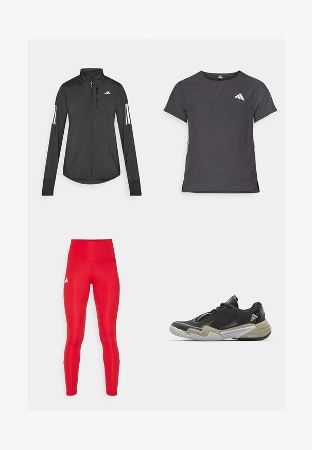Veste de sport noire en matériau léger. Dotée d'une fermeture éclair sur le devant, d'un col haut et de trois rayures blanches sur chaque manche.; T-shirt de sport à manches courtes, gris foncé avec une texture perforée. Présente un logo blanc et des rayures latérales contrastantes. Encolure arrondie.; adidas Performance Collants de running - team power red; Chaussure de sport noire et beige avec une tige texturée, un design de semelle proéminent, des accents réfléchissants et un système de laçage. Construction légère.