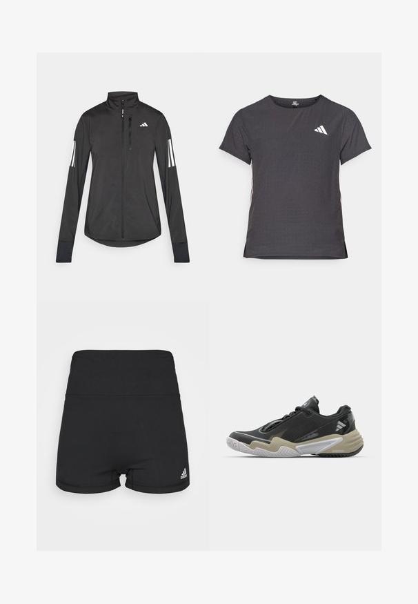 Zwarte sportjack gemaakt van lichtgewicht materiaal. Voorzien van een ritssluiting aan de voorkant, hoge kraag en drie witte strepen op elke mouw.; Korte mouwen sport t-shirt, donkergrijs met geperforeerde textuur. Bevat een wit logo en contrasterende zijstrepen. Ronde halslijn.; Zwarte shorts van rekbare stof, met een hoge tailleband en een klein Adidas-logo rechtsonder. Gladde textuur, aansluitend ontwerp.; Zwarte en beige sportieve schoen met een gestructureerde bovenkant, opvallend zoolontwerp, reflecterende accenten en vetersysteem. Lichtgewicht constructie.
